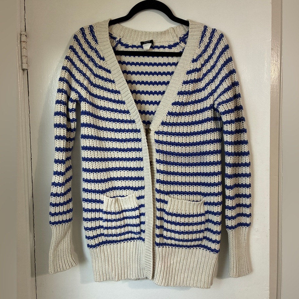 J Crew Blue White Striped Cable Knit Cardigan Sweater